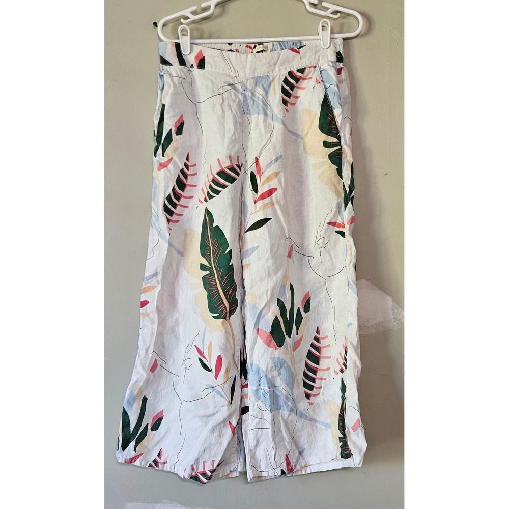 Cynthia Rowley Linen Wide Leg Tropical Leaf Print Pants White Green Pink Medium